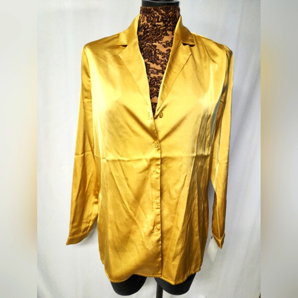 Sage THE LABEL Gold Satin Button-Up Blouse. Sz XS